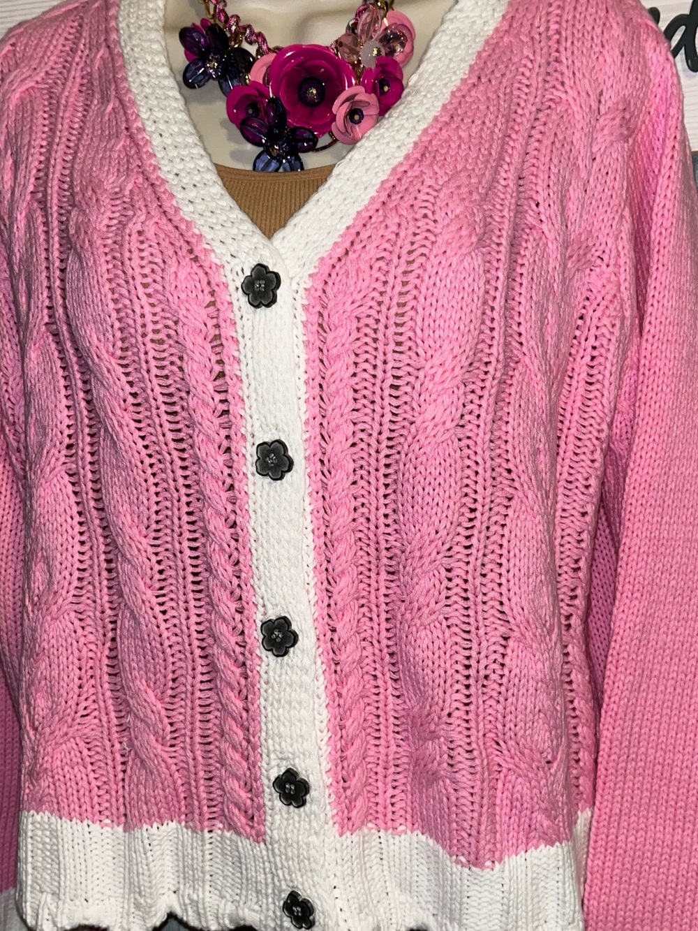 POL Large Barbie Pink Cable Knit V-Neck Cardigan Sweater - Picture 6 of 6